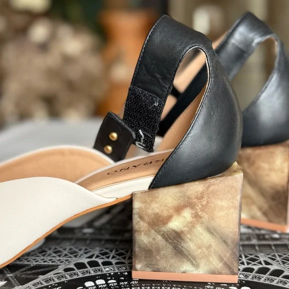 Unique leather sandals with square heels velcro closure marble heel - Picture 5 of 10